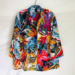 Ali Miles Women's Size Large Abstract Floral Artsy Colorful Button Up Top Tunic